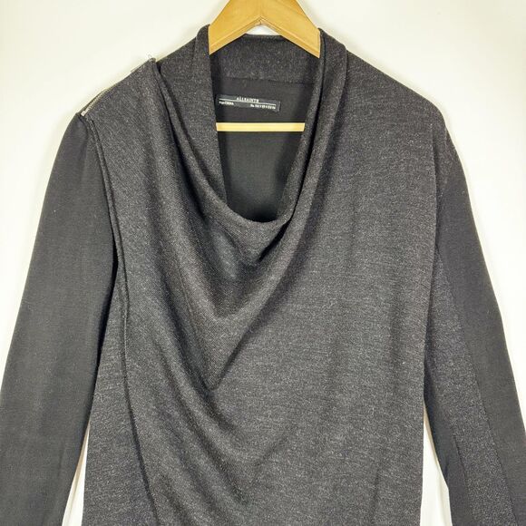 AllSaints Drina Cardigan Womens Size 4 Black Asymmetrical Zipper Drape Sweater - Picture 4 of 13